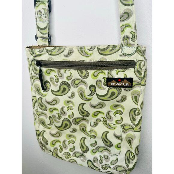 KAVU Green Floral Canvas Zip Up Pockets Adjustable Corssbody Hand Bag - Picture 3 of 11